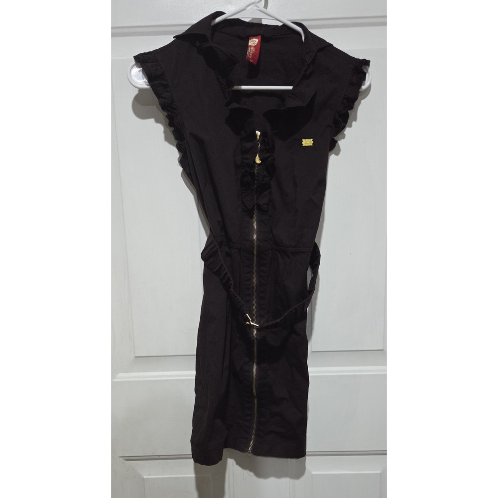 Apple Bottoms Vtg Y2K Black Full Zip Belted Dress Women Sz S Gold Accents Nelly